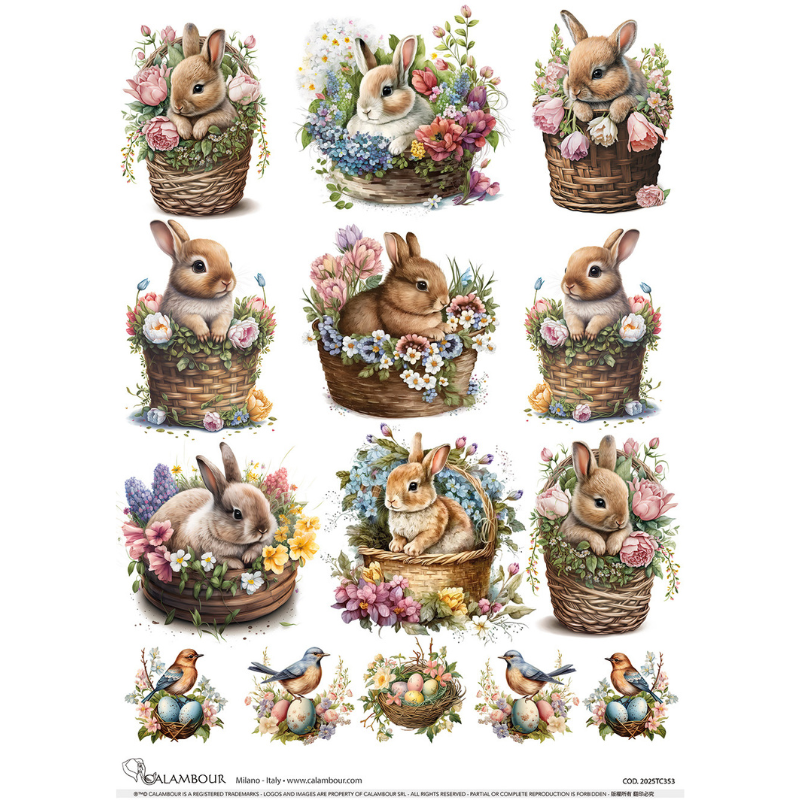 Calambour - A3 Decoupage Paper - Spring Bunnies in Baskets Nine Scenes