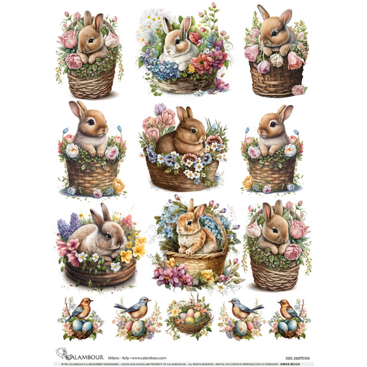Calambour - A3 Decoupage Paper - Spring Bunnies in Baskets Nine Scenes