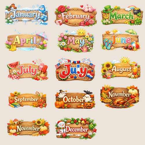 Clipart - Commercial Use PNG Bundle - Classic Seasons Month Signs