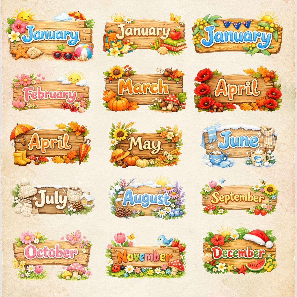 Clipart - Sun-Shift Seasons Month Signs
