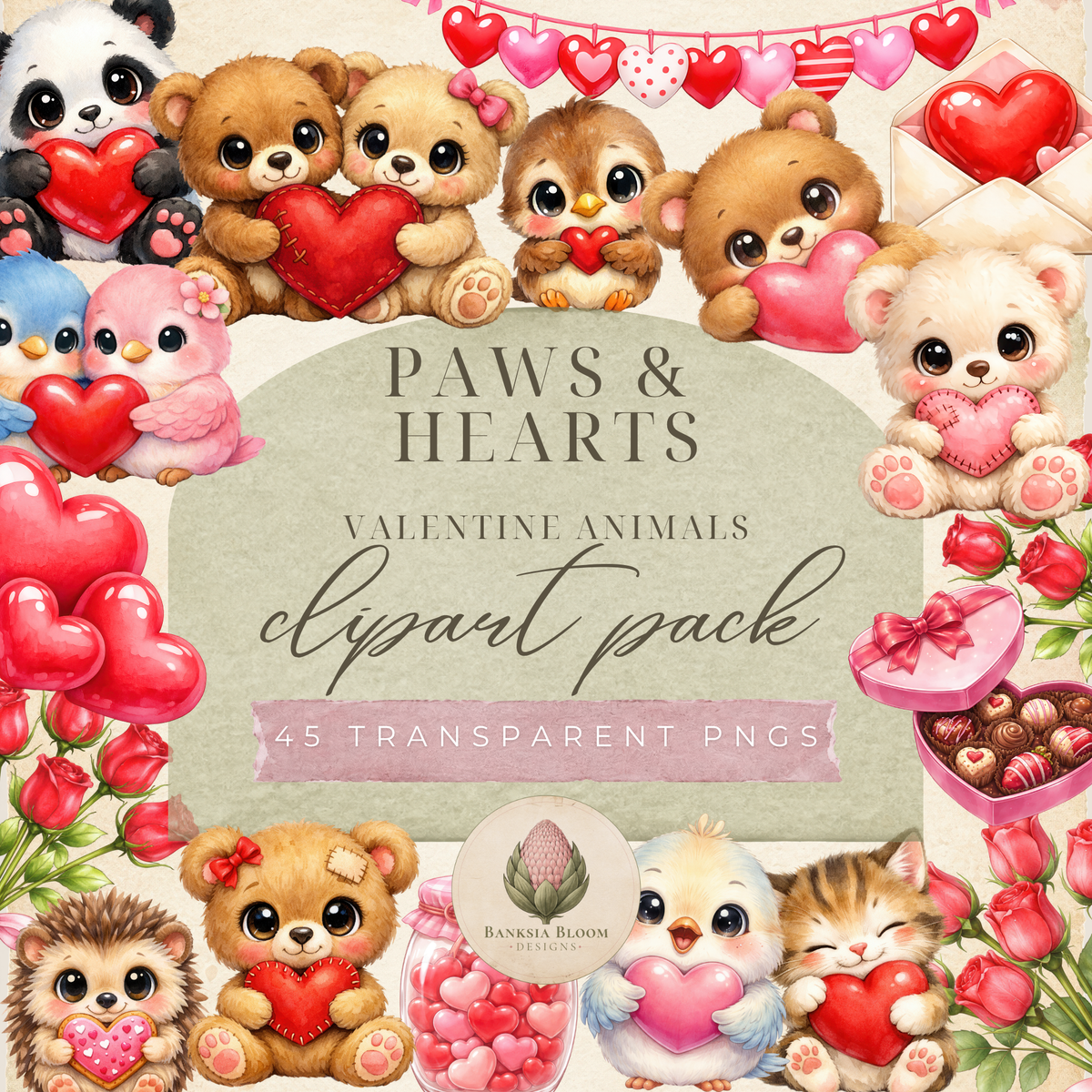 Clipart - Paws & Hearts Valentine Animals