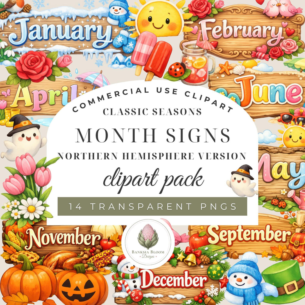 Clipart - Commercial Use PNG Bundle - Classic Seasons Month Signs