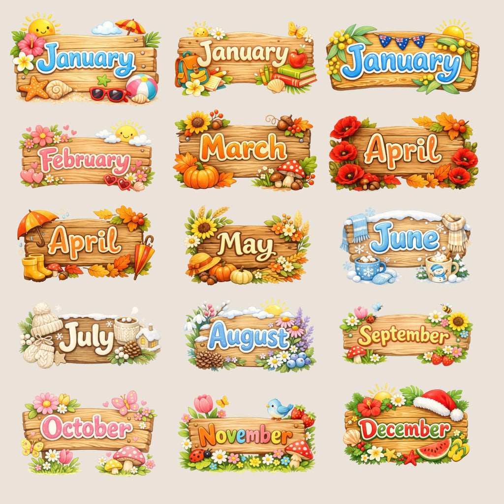 Clipart - Commercial Use PNG Bundle - Sun-Shift Seasons Month Signs