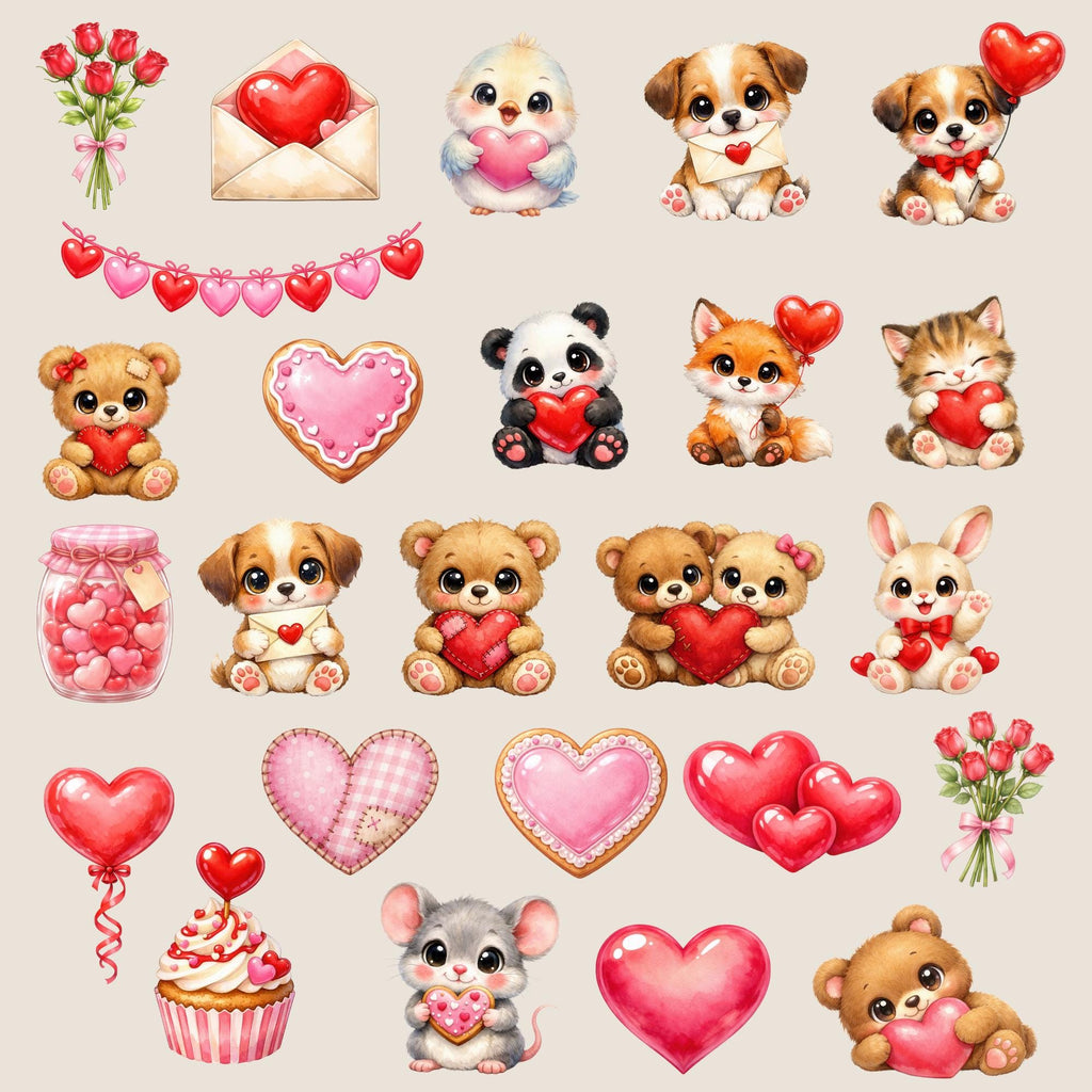 Clipart - Commercial Use PNG Bundle - Paws & Hearts Valentine Animals