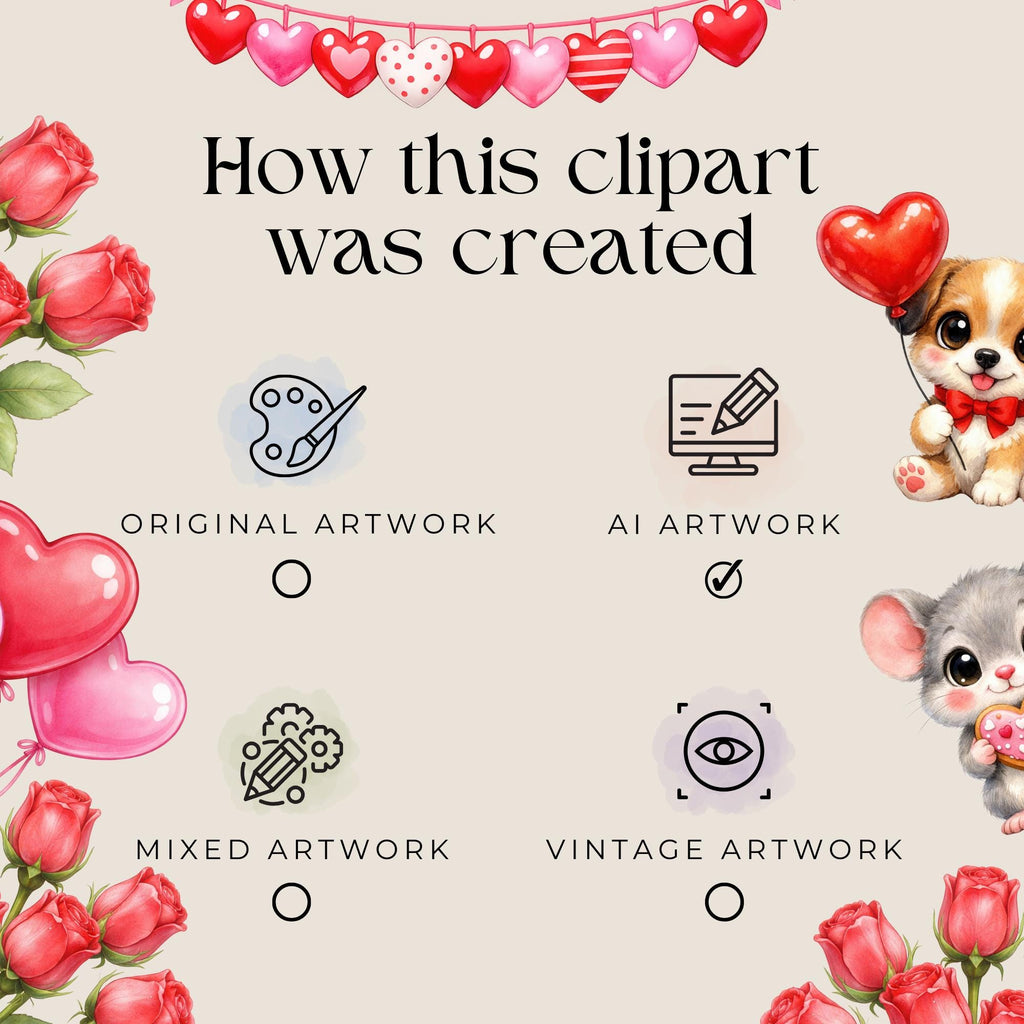 Clipart - Commercial Use PNG Bundle - Paws & Hearts Valentine Animals