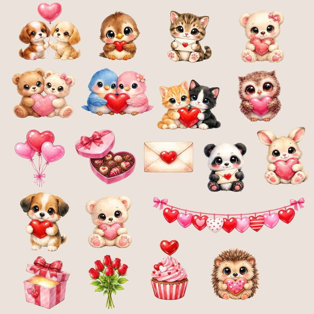 Clipart - Commercial Use PNG Bundle - Paws & Hearts Valentine Animals