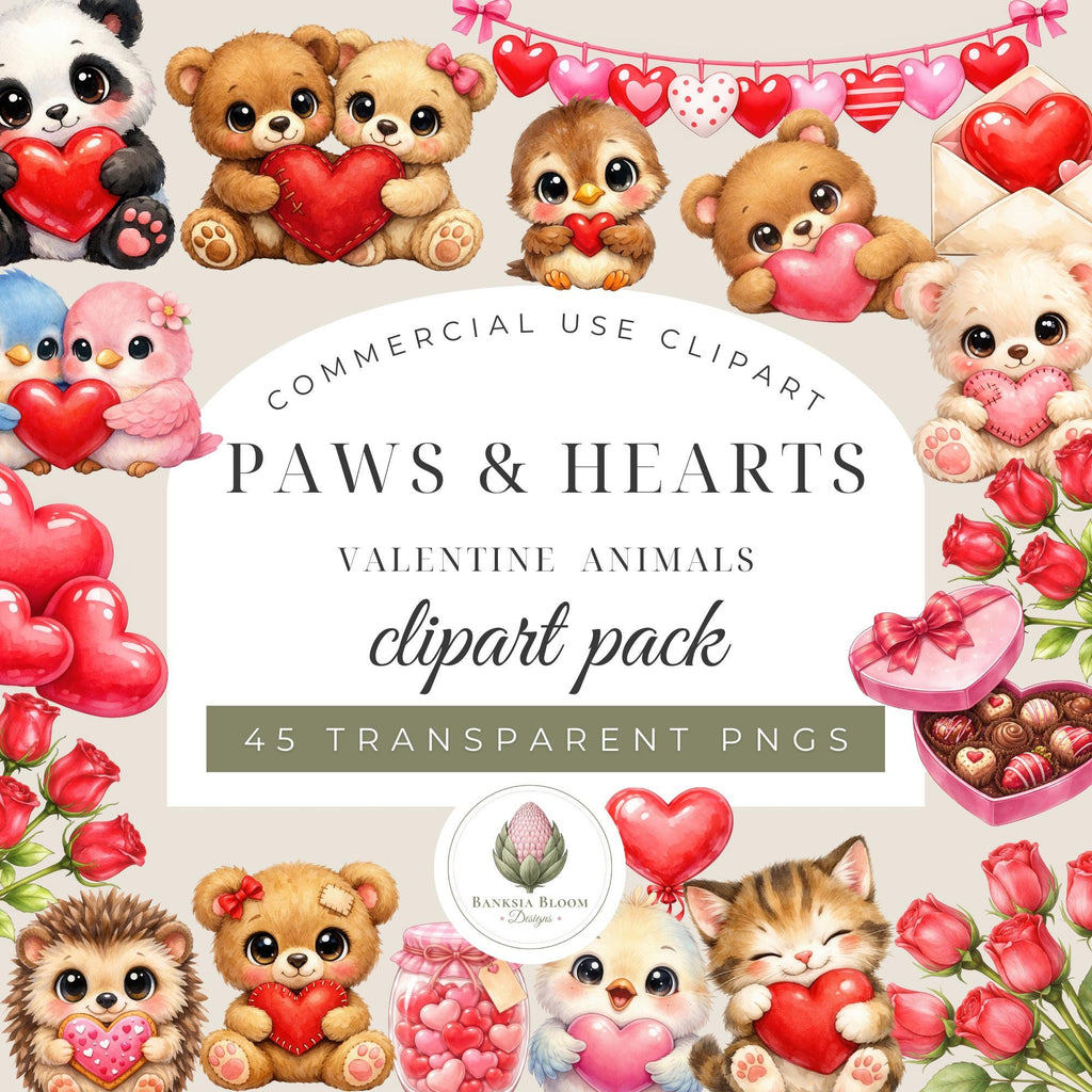 Clipart - Commercial Use PNG Bundle - Paws & Hearts Valentine Animals